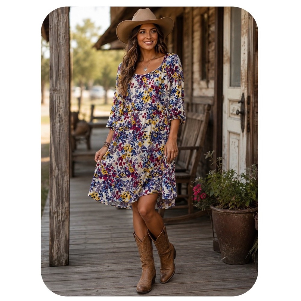 Old Navy Women XL Western Feminine Floral Dress 3/4 Sleeve‎ Elastic Waist Lined
